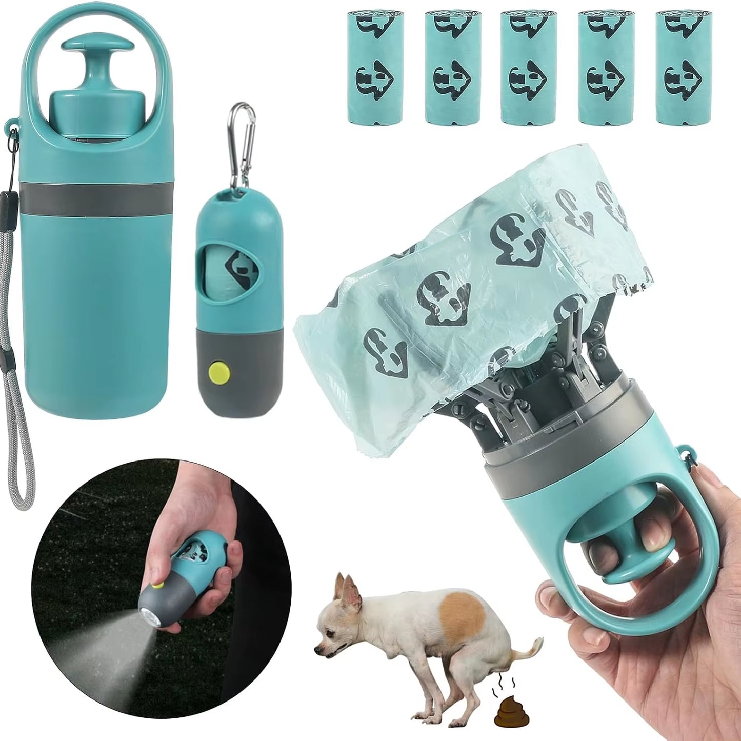 Dog Poop Scooper Set Claw Waste Picker with Leash Clip Poop Bag Dispenser LED Light Portable Hygienic Cleanup Tool for Pet Dogs