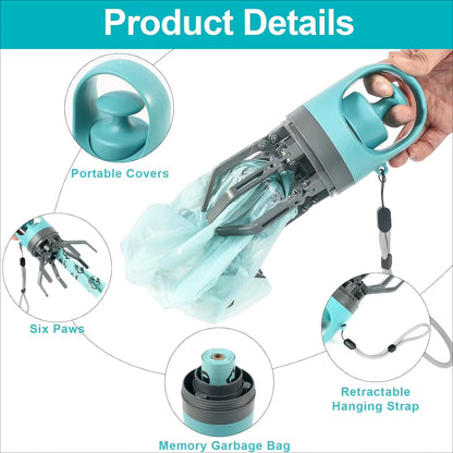 Dog Poop Scooper Set Claw Waste Picker with Leash Clip Poop Bag Dispenser LED Light Portable Hygienic Cleanup Tool for Pet Dogs