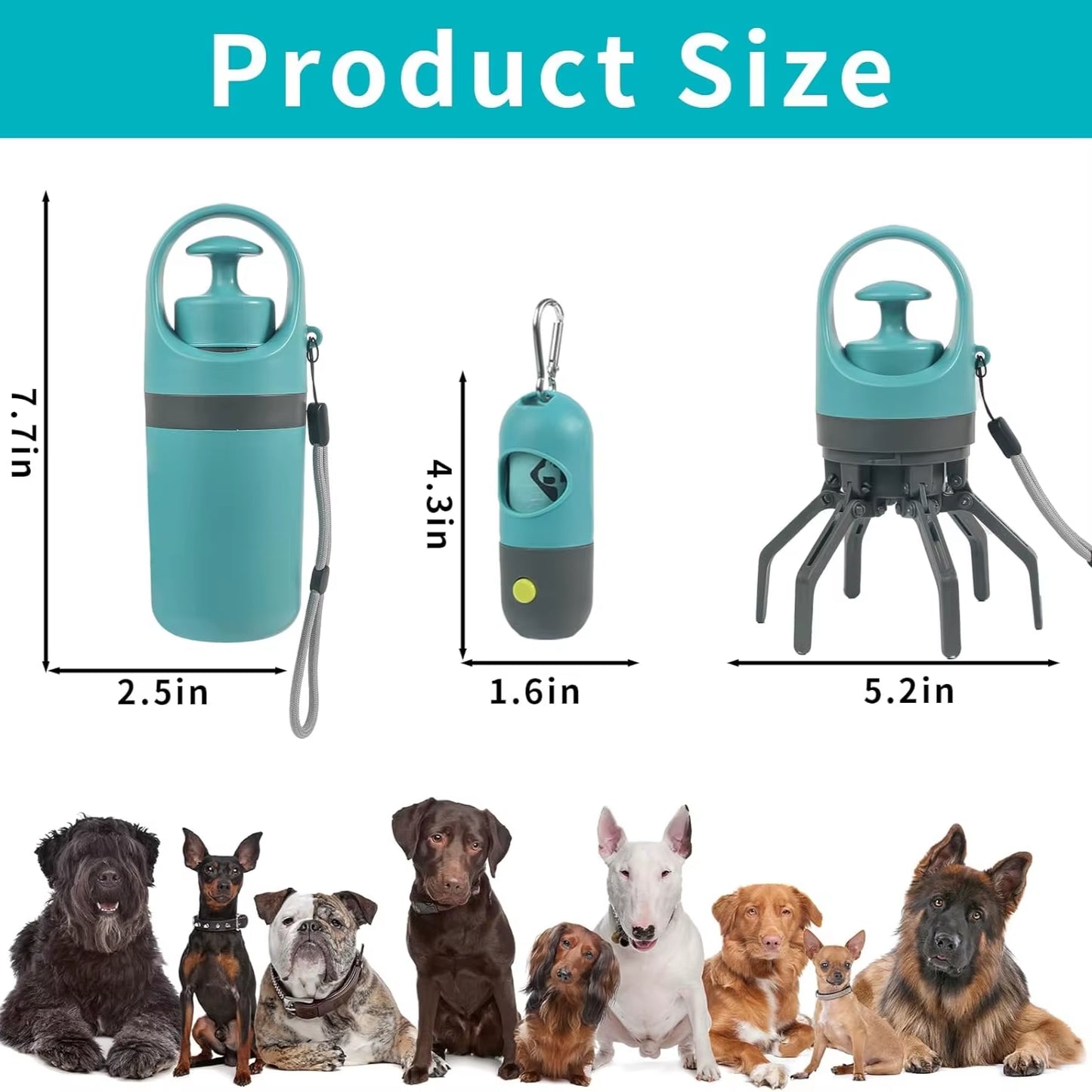 Dog Poop Scooper Set Claw Waste Picker with Leash Clip Poop Bag Dispenser LED Light Portable Hygienic Cleanup Tool for Pet Dogs